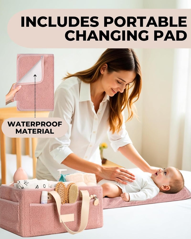 Toodly Baby Diaper Caddy Organizer with Portable Changing Mat - Teddy Fleece Diaper Organizer for Changing Table - Basket for Changing Essentials - Baby Essentials Organizer with Removable Dividers - Image 2